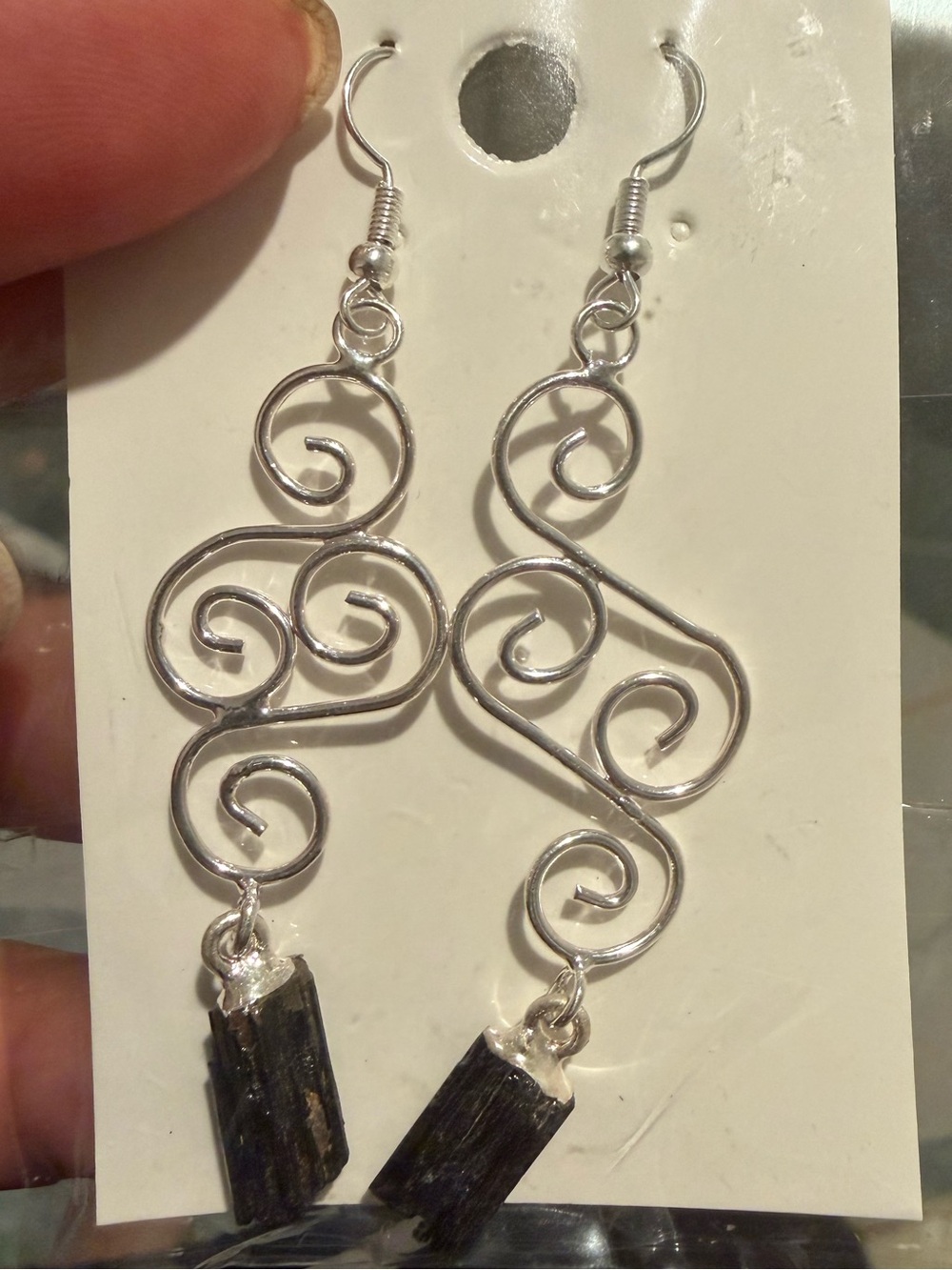 Handcrafted Black Tourmaline Spiral Wire Drop Earrings